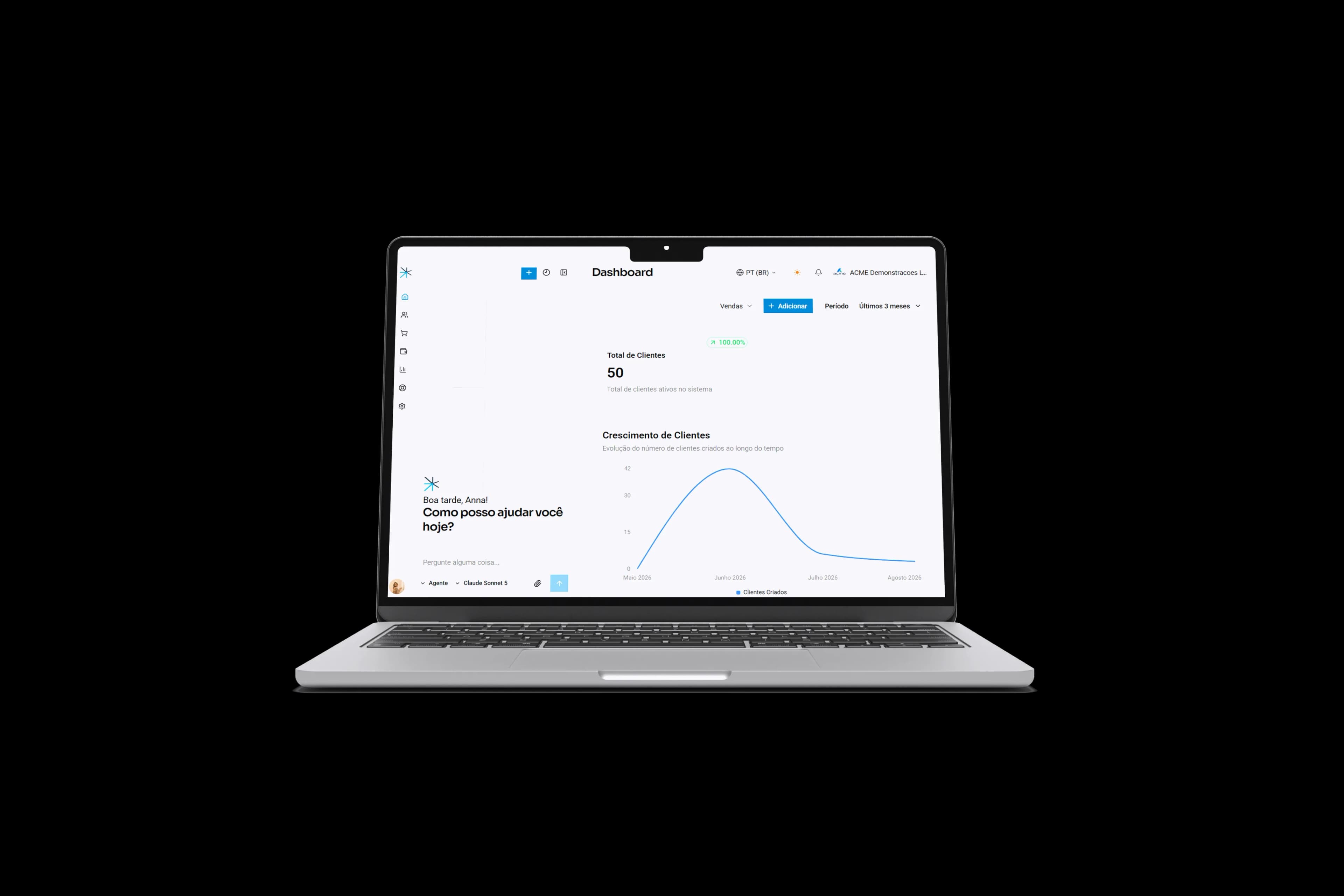 Demonstração conversacional do bitERP executando tarefas de backoffice para SaaS